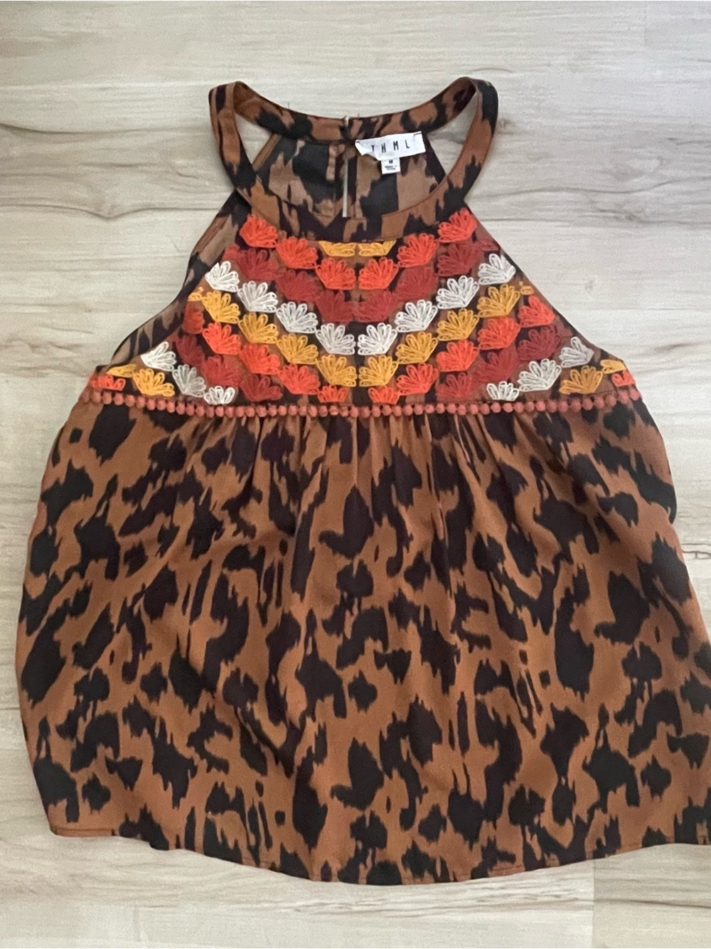 THML Brown and Black Leopard Print Halter Tank with Multicolor Embroidery